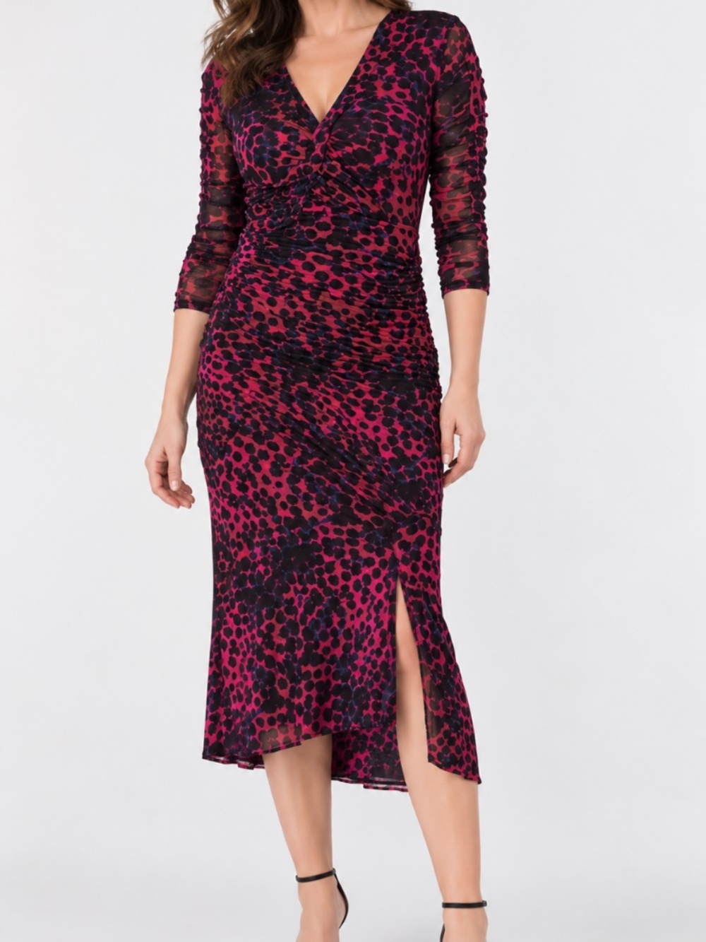 Diane von Furstenberg DVF XL "Briella" ruched black stretch mesh midi dress